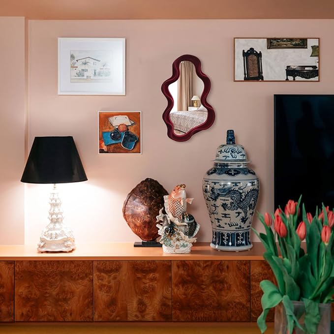 Mirror Wall Decor for Home Office Apartment, Asymmetrical Decorative Mirror for Entryway Porch Fireplace, Irregular Hanging Wall Art Sculpture for Christmas (Wine Red)