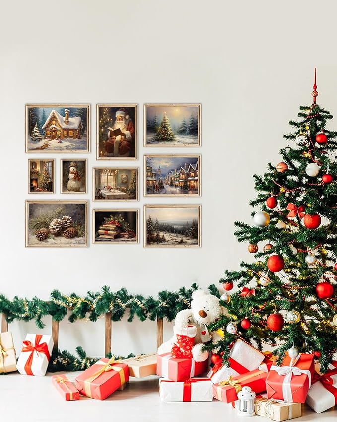 KBKBART Christmas Wall Art Prints Set of 10, Winter Christmas Picture Wall Decor Santa Xmas Tree Forest Canvas Artwork, Snow Scene Street Christmas Aesthetic Posters for Bedroom, Vintage Christmas Holiday Decor - Unframed