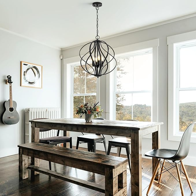 17” Modern Black Chandelier for Dining Room - 4-Light Industrial Sphere Pendant Light, Hanging Geometric Chandelier for Kitchen, Entryway, Foyer, Stairs