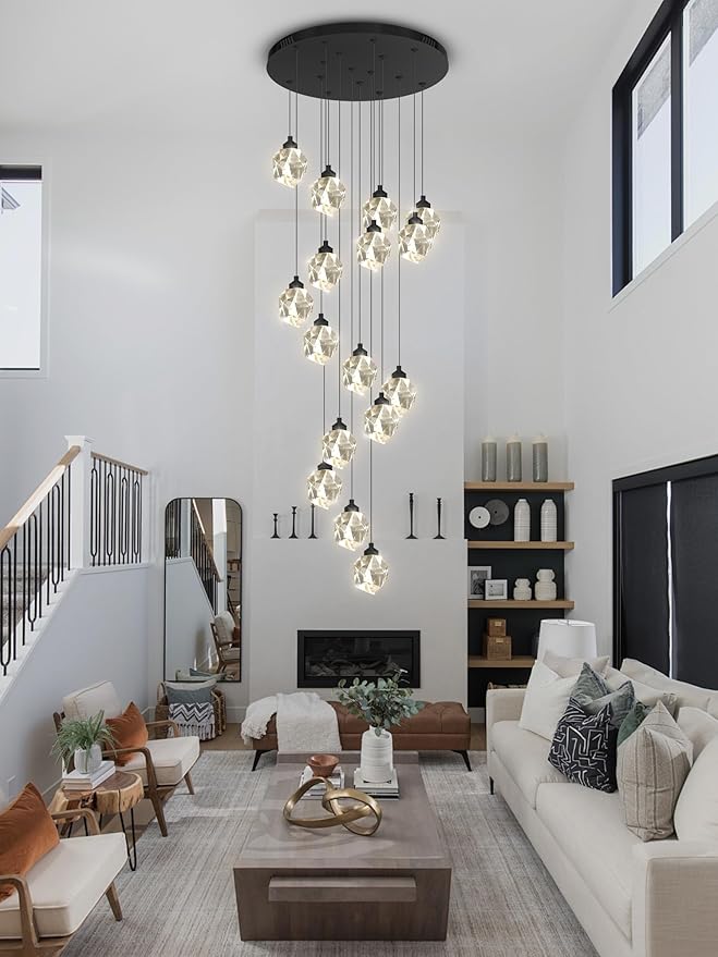 16-Lights Black Spiral Staircase Crystal Chandeliers 130 inch Long Chandelier High Foyer Ceiling Chandelier LED Dimmable 3000-6000K