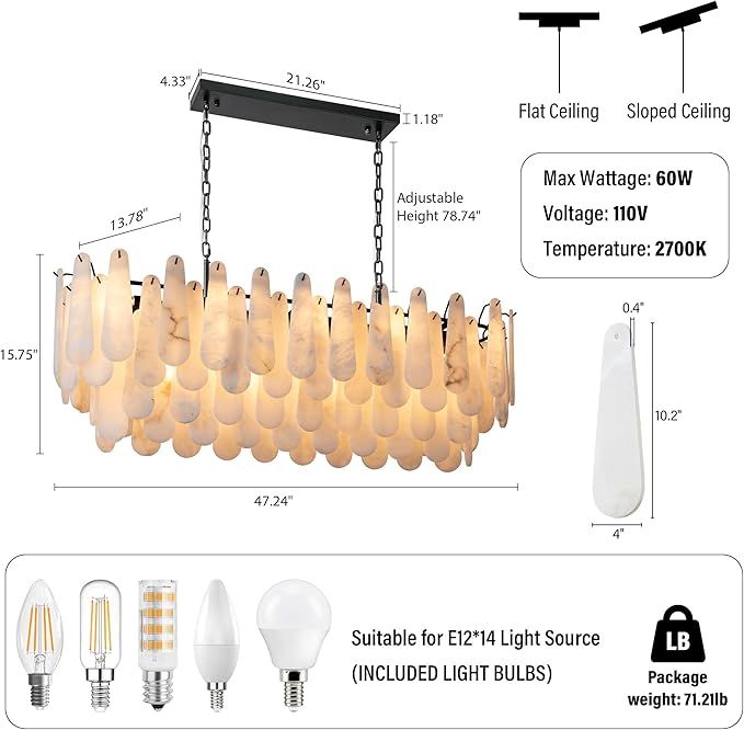 Chandeliers for Dining Room, L47.2 in Modern Alabaster Rectangle Black Chandelier, 4-Tiers Luxury Natural Stone Ceiling Light Fixture, White Marble Chandeliers for Kitchen Island Living Room Bedroom