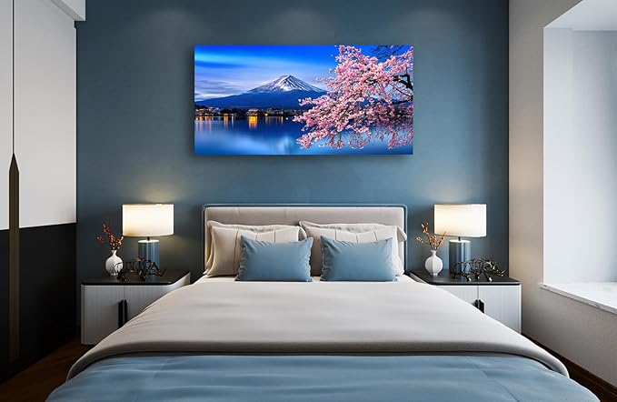 Aibonnly Wall Art Canvas Painting Cherry Blossoms Mount Fuji 1 Piece Mount Fuji and the Sakura Blossoming Lake Picture Poster Print Framed and Stretched Ready to Hang for Living Room Bedroom