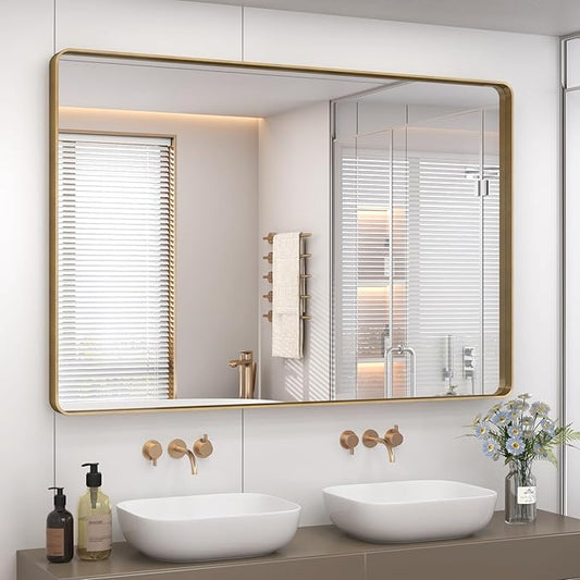 48x36 Inch Gold Bathroom Mirror, Brushed Metal Framed Gold Wall Mirror, Modern Rounded Rectangle Brass Vanity Mirror, Shatterproof, Anti-Rust (Horizontal/Vertical)