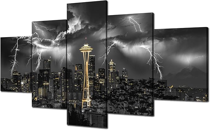 Cawpom Seattle Wall Art Seattle Space Needle Picture Frame Lightning Strikes Storm City Wall Decor Black and White Gold Canvas Print Washington Painting Poster Home Decoration(60x32 inches)