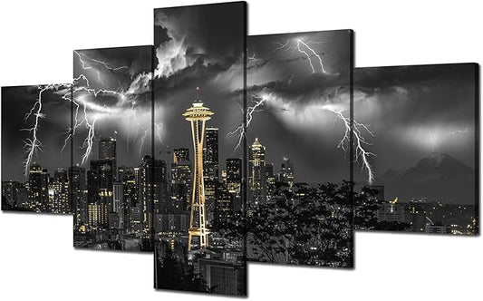 Cawpom Seattle Wall Art Seattle Space Needle Picture Frame Lightning Strikes Storm City Wall Decor Black and White Gold Canvas Print Washington Painting Poster Home Decoration(60x32 inches)
