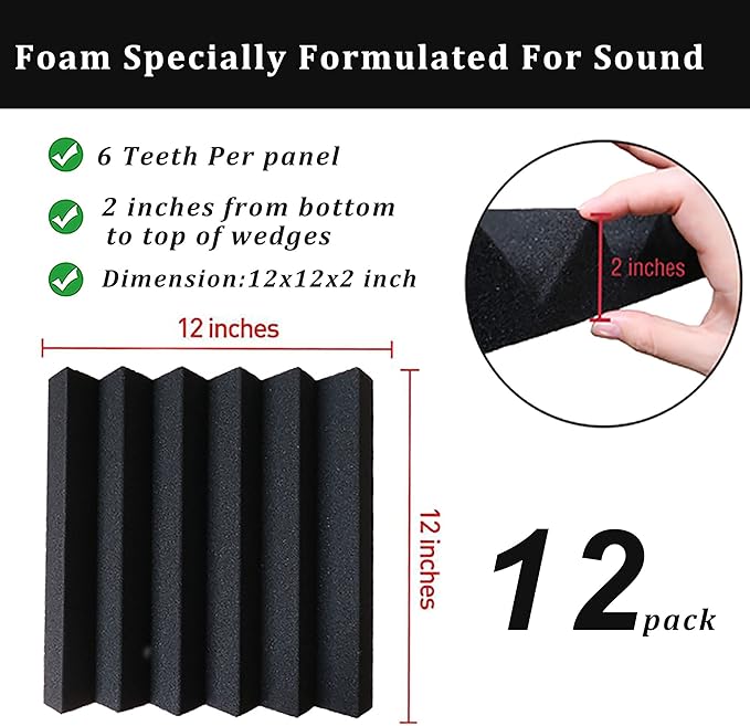 12-Pack Acoustic Panels, 2" x 12" x 12" Sound Proof Foam Panels for Wall,Fireproof Soundproofing Wedges,Noise Canceling Sound Absorbing Foam for Studio Recording, Home Office(Black)