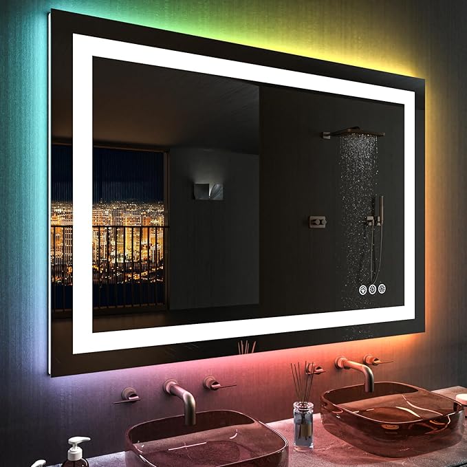 LOAAO 48"X40" LED Bathroom Mirror with Lights, Anti-Fog, Dimmable, RGB Backlit + Front Lighted, Bathroom Vanity Mirror for Wall, Memory Function, Waterproof, Tempered Glass