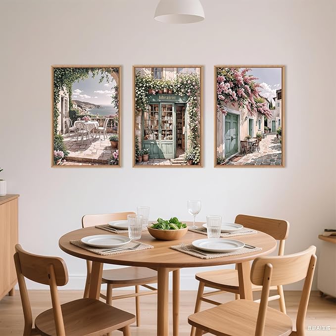 Modern French Flower Street Framed Canvas Wall Art Set,Romantic Green Landscape Wall Decor,Vintage Mediterranean Bookstore Neutral Coast Cityscape Artwork for Living Room, Bedroom-24 x36 x3