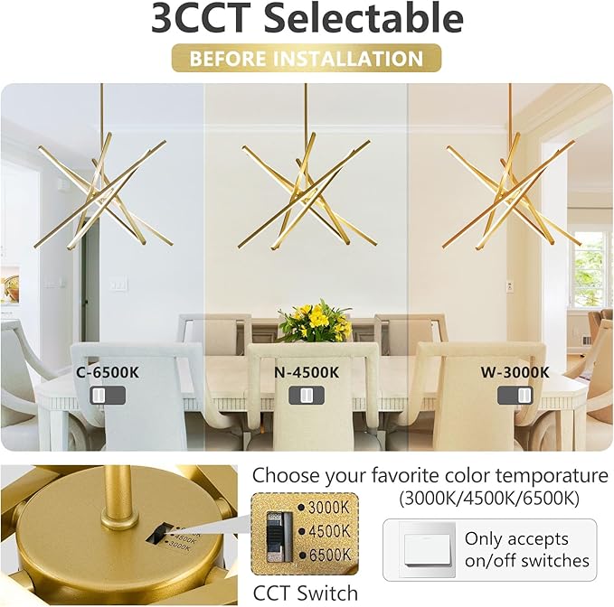 Modern Gold Chandelier Light Fixtures - LED 6-Lights Dining Room Linear Chandeliers Pendant Lights Fixture Over Table 3000K 4500K 6000K 3-Color Dimmable for Kitchen Island Living Room