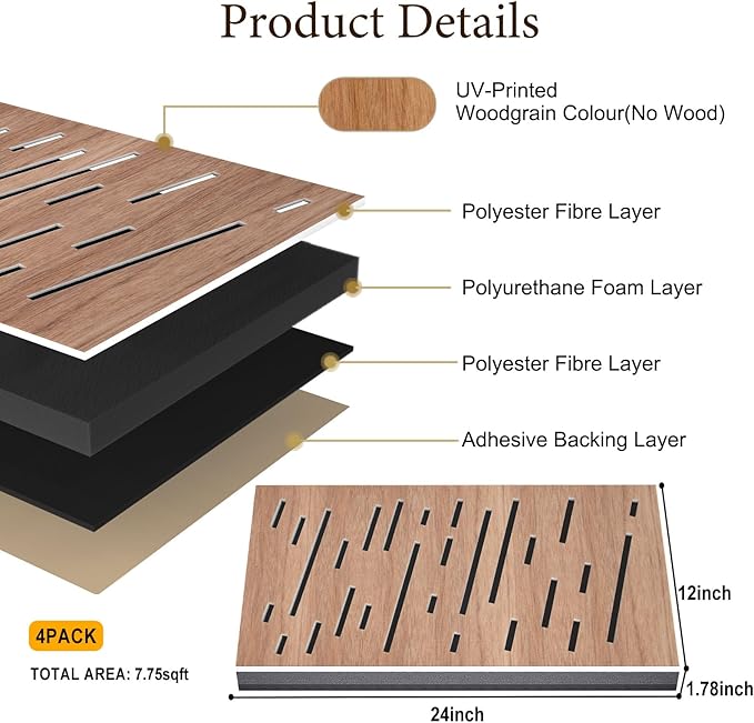 4Pack Acoustic Wall Panel, Self-Adhesive Soundproof Foam Panels for Wall, 3D Perforated Tri-Layer Polyester Fiber Decorative Acoustic Insulation for Recording Studio, Office, 24×12×1.78", Rain-Line