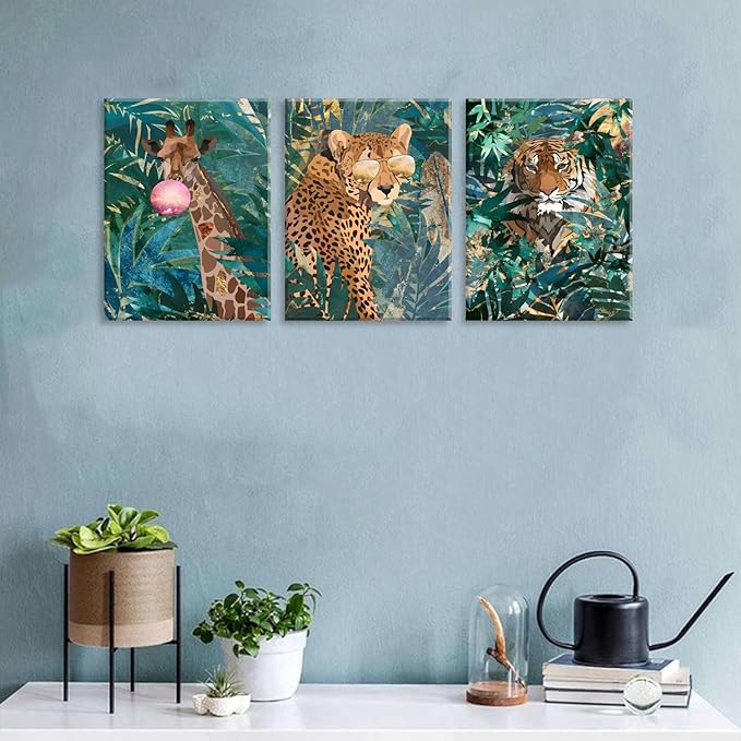 Abstract Animal Wall Art Giraffe Cheetah Tiger Pictures for Living Room Boho Green Plant Leaves Posters Jungle Botanical Canvas Adventure Wildlife Wall Decor Bathroom Bedroom Home Decoration 12x16" 3P