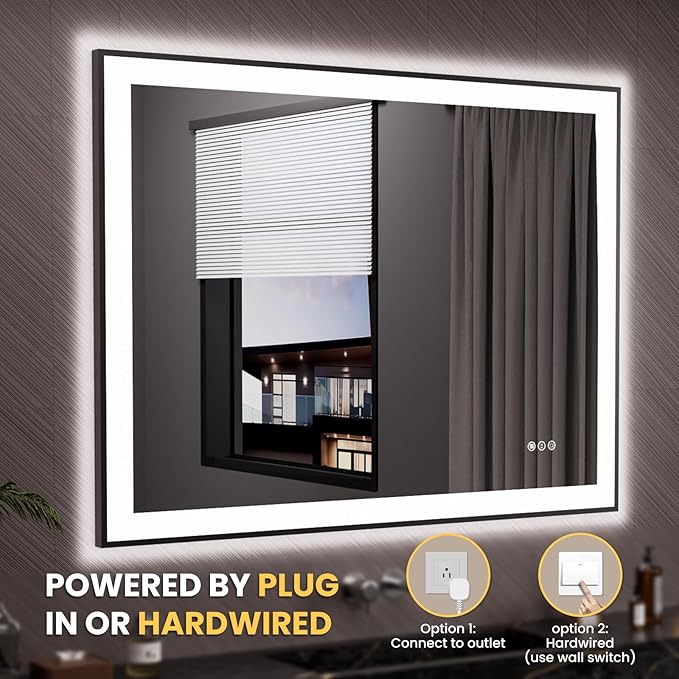 LOAAO 48"X36" LED Bathroom Mirror Black Framed, Anti-Fog, Dimmable, Lighted Bathroom Vanity Mirror for Wall, Memory Function, Tempered Glass
