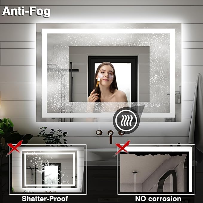 44"x30" Bathroom Light up Mirror, Double Bright Lights, Anti-Fog Vanity Mirror with Lights, Stepless Dimmable Illuminated Mirror, Touch Control, Waterproof (Horizontal/Vertical)