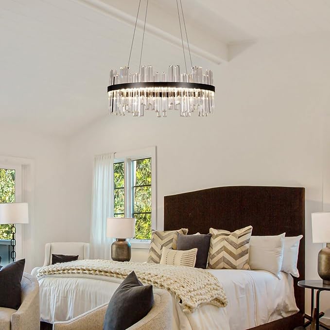 Black Modern Led Crystal Chandelier: 23.6" Round Contemporary 3 Color Dimmable Dining Room Light Fixture over Table - Adjustable Lighting Chandeliers for Bedroom Living Kitchen Island Entryway Foyer