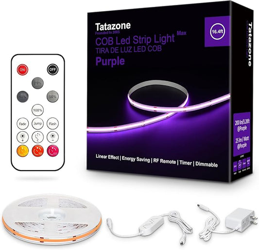 16.4ft Purple COB Led Strip Lights with Remote, Dimmable Bright Dotless Adhesive Indoor Led COB Light Strip for Cabinet, Painting, Room, Bed