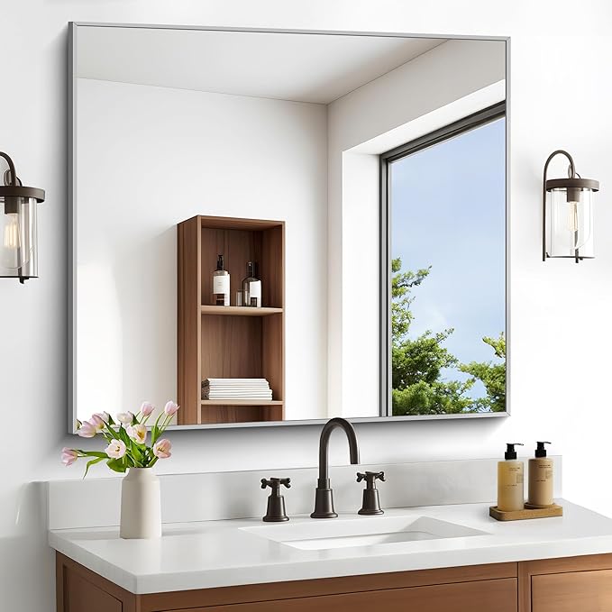 36" x 40"Bathroom Mirror, Silver Rectangle Corner Wall Mirror with Metal Frame, Decorative Rectangular Vanity Mirror for Bedroom Bathroom Living Room Entryway (Horizontal/Vertical)