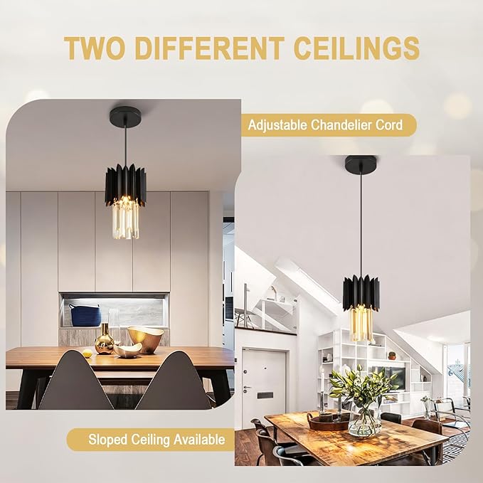 1-Light Modern Semi Flush Mount Ceiling Pendant Light Fixture, Round Pendant Lights Kitchen Island, Black Crystal Chandelier for Living Room Bedroom Hallway Entryway