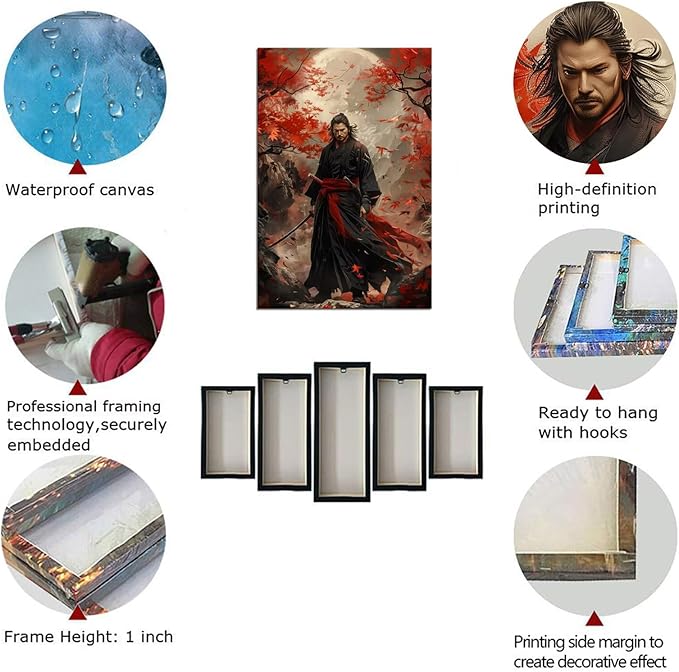 Oriental Samurai Wall Art Black and Red Warrior Wall Decor Canvas Prints Warrior Figure Pictures Bushido Posters Artwork Framed for Living Room Bathroom Bedroom Office (18''W x 24''H)