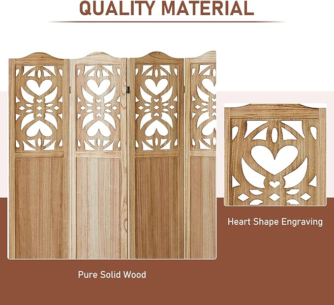 4 Panel Room Divider Fully Assembled, Carved Room Dividers and Folding Screens, 5.6Ft Wood Room Divider Screen Freestanding Partition Wall Dividers for Home Bedroom Office, Rustic Wood Color