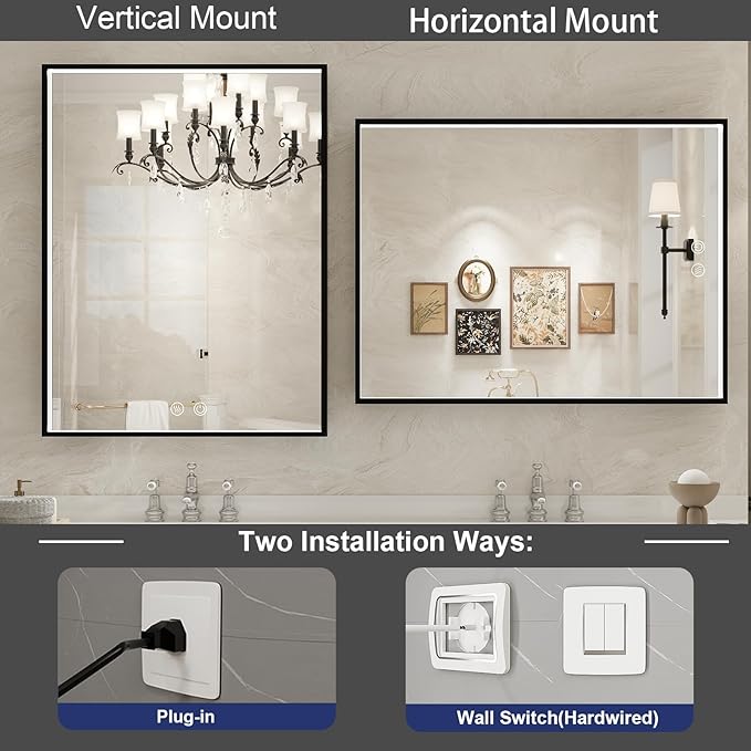 36x28 Inch LED Bathroom Mirror with Light,Black Metal Frame Lighted Vanity Anti Fog Dimmable Touch Switch