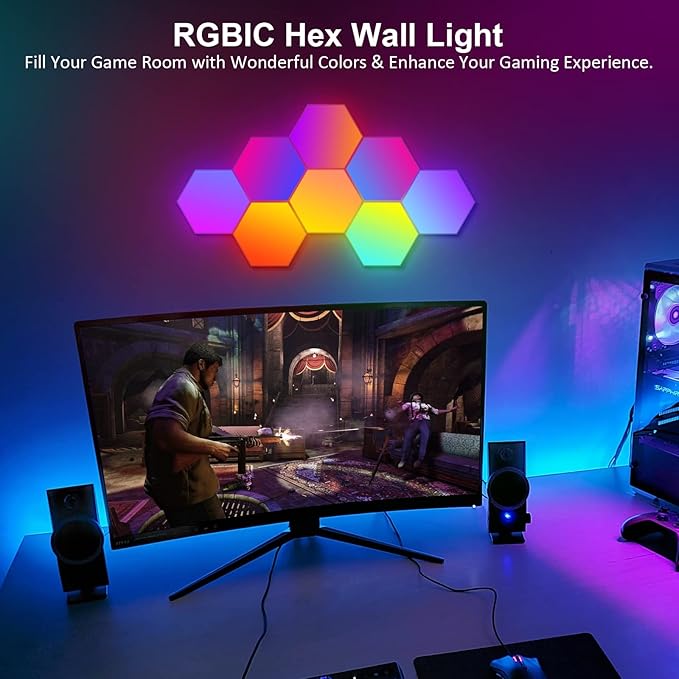OJQ 8 Pack Hexagon Lights Wall RGB Panel - Hexagonal Led Lights Room Decor Wall Lights Smart APP Music with Sync Honeycomb Shape Panels Hexagon Gaming Night Lights for Bedroom Children