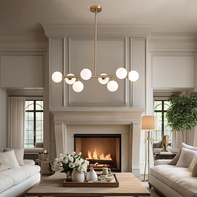 Modern Linear Chandelier, Mid Century Gold Brass Sputnik Pendant Light with White Glass Lampshade,8 Lights Globe Rectangle Chandelier,for Dining Room Kitchen L31.4 xW10.6