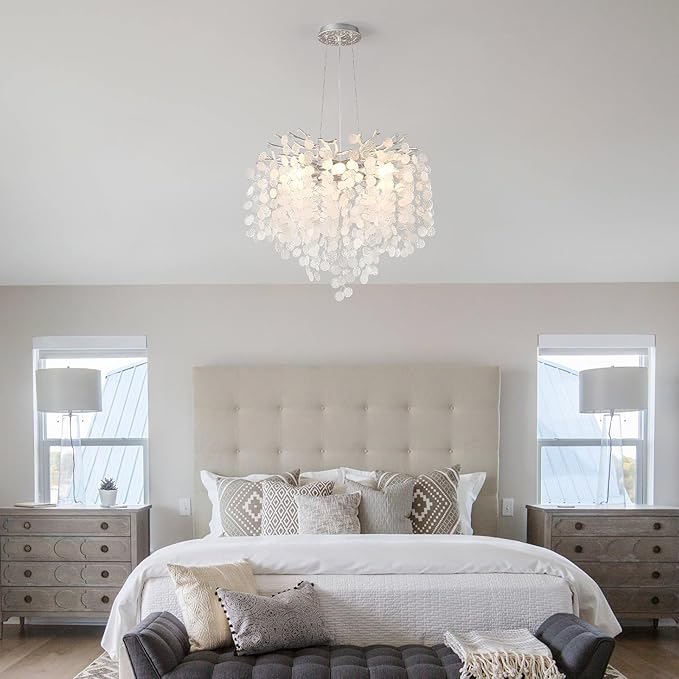 6-Light Capiz Shell Chandeliers, 18 Inch Modern Coastal Light Fixture for Living Room Bedroom, Round Crystal Tree Branch Pendant Lighting for Bathroom Foyer Kitchen Island, Silver