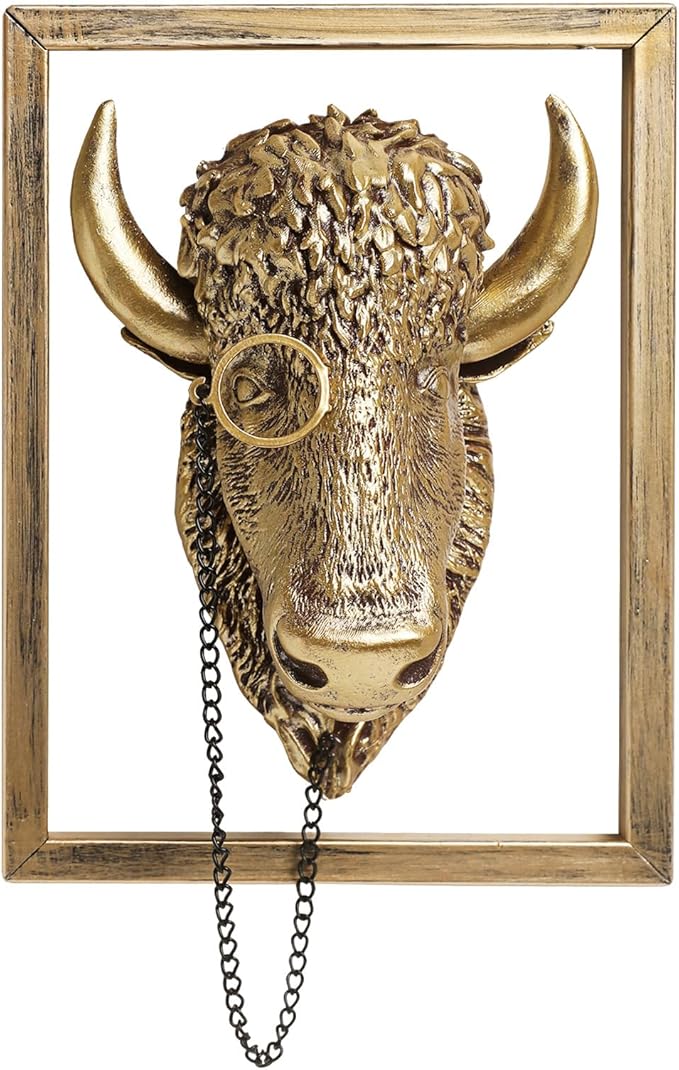 Newinhome Animal Heads Wall Decoration (Gift Metal Frame) Resin Animals Sculptures Head Wall Hanging Decor Gold vintage Wall Sculpture for Living Room Bedroom Office(Bull)