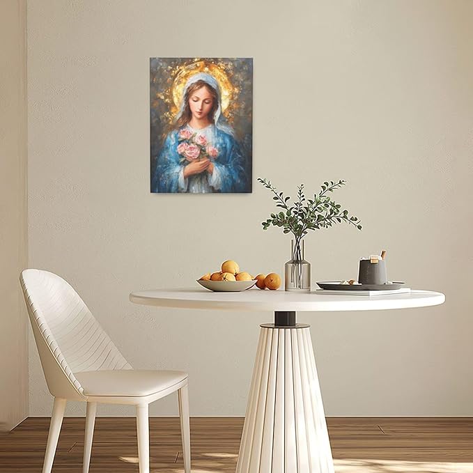 Christian Mary Wall Art Mary Mother Of God Canvas Wall Decor Catholic Blessed Mother with Roses Pictures Christ Paintings Prints Religious Bible Artwork Framed Decorations For Church Prayer Room Chapel Bathroom Bedroom Living Room Gifts 12" x 16"
