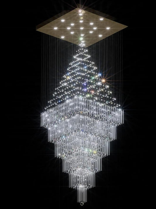 Flashing God D48''X H120'' Extra Large Chandeliers for High Ceilings Square Crystal Raindrop Gold Chandeliers Large Villa Chandelier Entrance Foyer Ceiling Light LED Dimmable 2700K-6000K