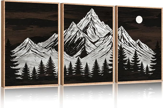 KAIRNE Wooden Mountain Tree Framed Canvas Wall Art Set, Country Wood Forest Wall Decor, Woodcut Pine Tree Wall Painting, Nature Farmhouse Zen Art Prints for Living Room, Bedroom, Office - 24"x36"x3