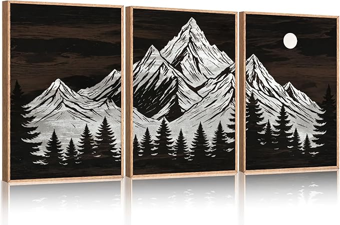 KAIRNE Wooden Mountain Tree Framed Canvas Wall Art Set, Country Wood Forest Wall Decor, Woodcut Pine Tree Wall Painting, Nature Farmhouse Zen Art Prints for Living Room, Bedroom, Office - 16"x24"x3