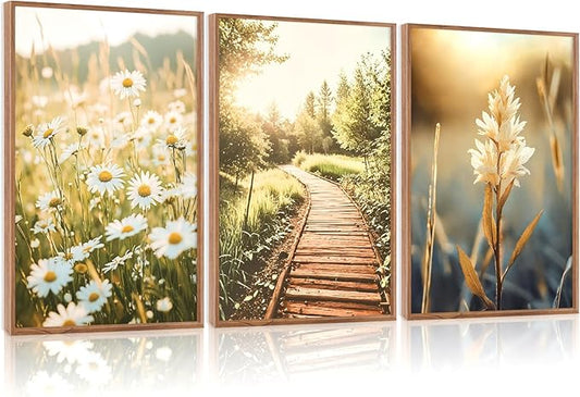 CHDITB Vintage Daisy Field Path Framed Canvas Wall Art Set, Nature Landscape Wall Decor, Nordic Wildflowers Wall Painting, Daisies Floral Art Prints for Living Room Bedroom Office-Size 16"x24"x3