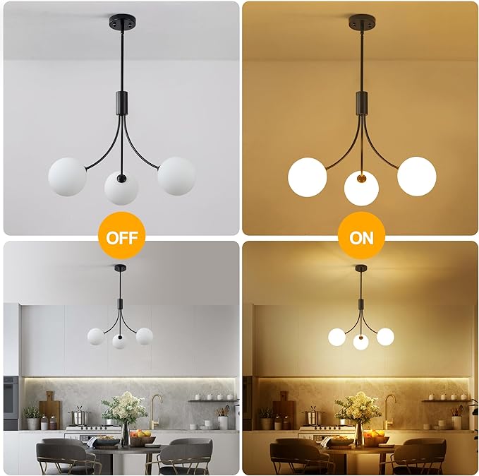 3-Light Modern Farmhouse Black Chandeliers for Entryway, Mid Century Milk Globe Sputnik Chandelier, Vintage Pendant Lighting for Kitchen Island Dining Room Foyer Bedroom Bathroom