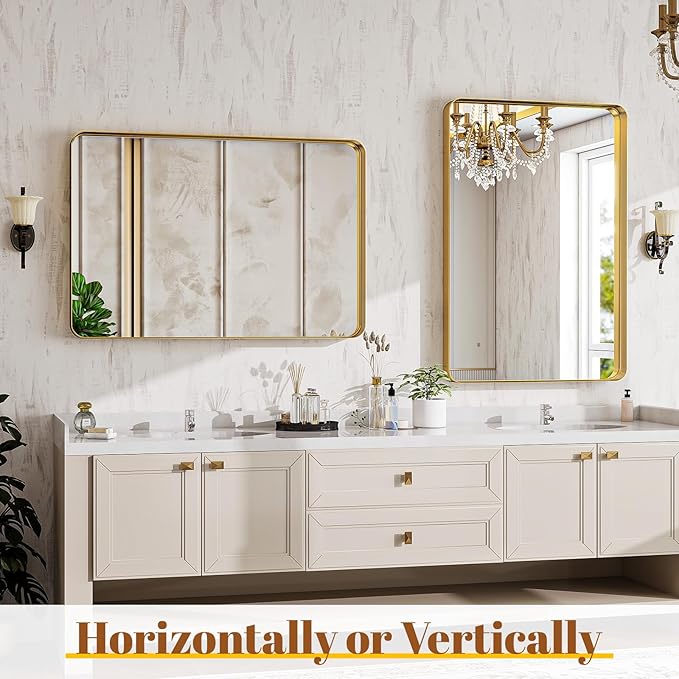 Bathroom Mirror Vanity for Over Sink Wall Mirror - 24x32 Inch Rounded Corner Rectangle Aluminum Frame Mirror,Hangs Horizontally or Vertically for Living Room Bedroom or Entryway Gold