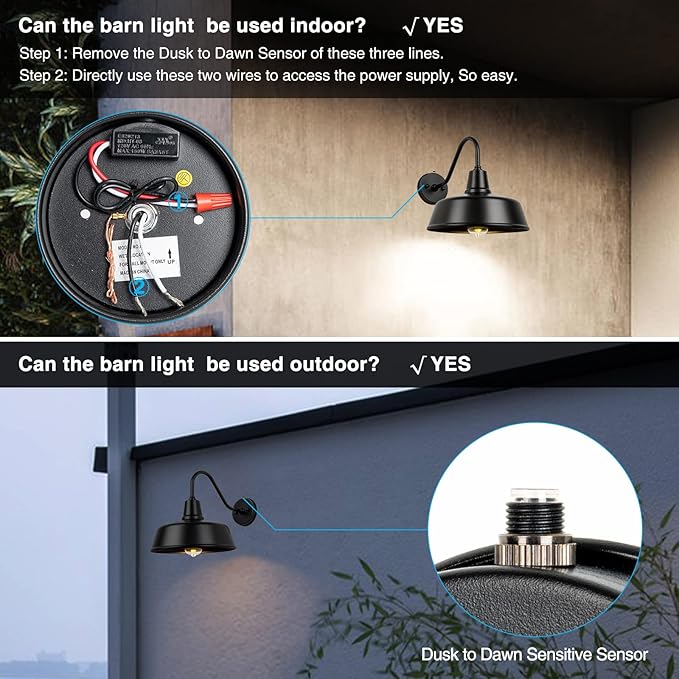 Outdoor Gooseneck Barn Light - Exterior Fixture Sconce Wall Light for Farmhouse, Dusk to Dawn Sensor Front Door Porch Garage Patio Lighting (12.6 inch（2 PCS）)