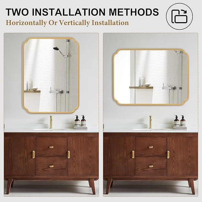 30"x48" Gold Bathroom Mirror for Wall, Large Brass Gold Bathroom Vanity Mirror for Over Sink, Rounded Rectangle Mirror in Premium Iron Metal Frame Hangs Horizontal Or Vertical