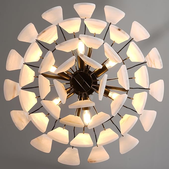 Alabaster Chandelier, D23.6in Modern Alabaster Round Dining Room Chandelier, 4-Tiers Luxury Natural Stone Ceiling Light Fixture, White Marble Chandeliers for Living Room Bedroom Foyer Entryway Kitchen