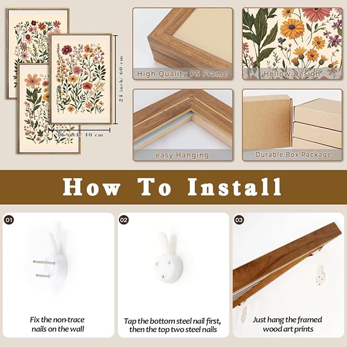 BINCUE Neutral Framed Wildflower Wall Art Set of 3 Colorful Floral Wall Decor Vintage Flower Art Prints Set of 3 for Living Room Bedroom Bathroom 16x24 Inches