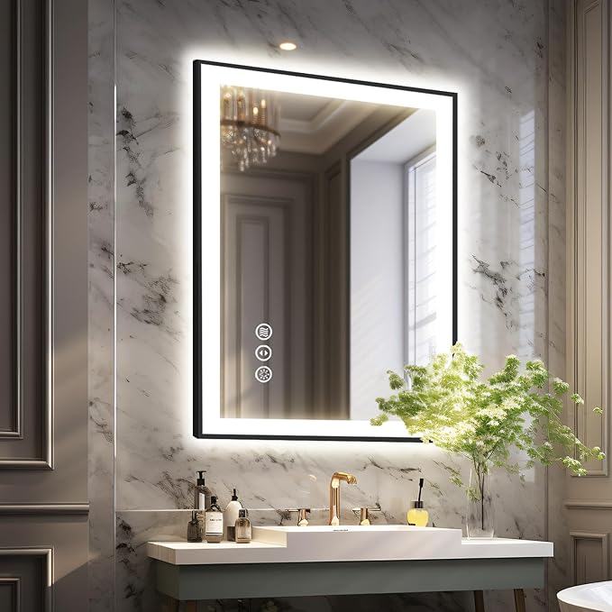 24x32 LED Bathroom Mirror, Black Aluminum Framed, Backlit + Front-Lit, 3 Colors Temperature Changeable, Dimmable Vanity Mirror, Tempered Glass, Defog, Waterproof, Memory (Horizontal/Vertical)