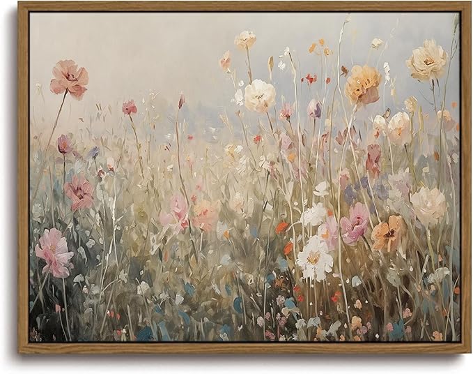 KISSFOX Vintage Summer Wildflower Framed Wall Art Flower Landscape Canvas Art Rustic Country Paintings Art Prints Modern Farmhouse Pictures Wall Decor For Kitchen Bedroom