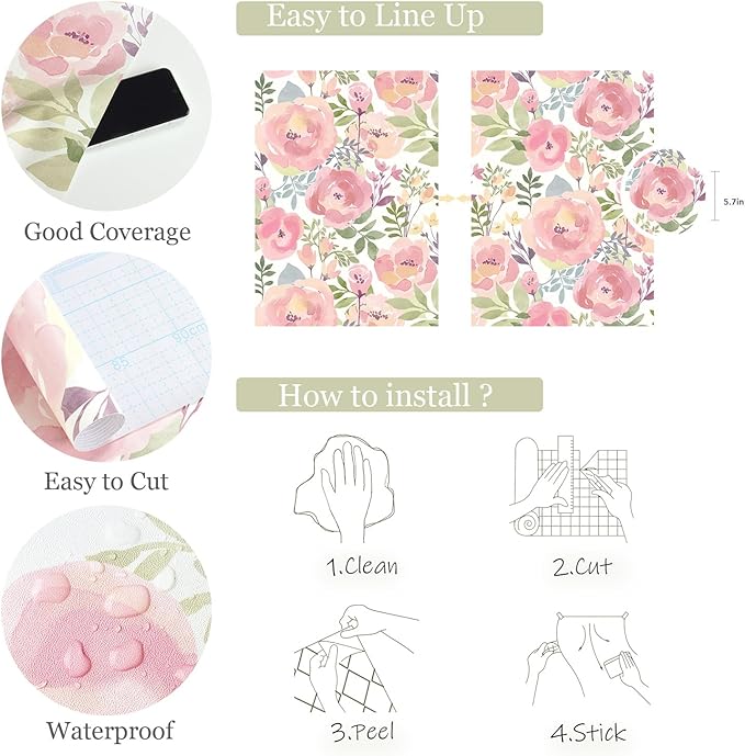 Orainege Floral Wallpaper Peel and Stick Wallpaper 16.9in x196.8in Peony Flowers Floral Contact Paper Removable Self Adhesive Wall Paper Decorative for Cabinets Walls Shelf Liner, Peachy