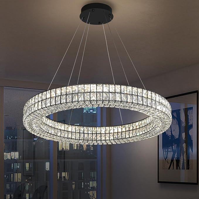 Modern 32 inch Black Led Ring Chandelier Dimmable Crystal Chandelier for Living Room Dining Room Adjustable Ring Pendant Light