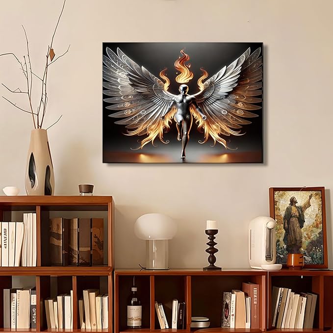 3D Metal Angel Wall Art Mural Futurism Poster Cybernetics Wing Warriors Canvas Printed Images Science Fiction Robot Artwork with Wings of Fire Modern Fantasy Gallery Decoration, Living Room Bedroom Office Manhole 16x24 inches