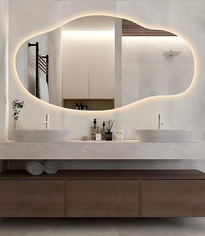 LED Wall Mirror - Asymmetrical Light Up - Frameless Irregular Vanity Wavy Mirror with Light for Bathroom Bedroom Living Room(''15.7''x''29.5'' in)