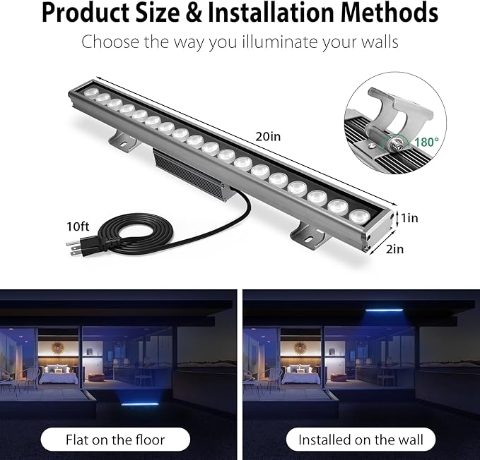 LED RGBW Wall Washer Light with RF Remote, 7200LM Brightness Dimmable LED Bar Light, AC120V 20" Waterproof Color Changing Linear Wall Washing Lamp for Outdoor & Indoor Lighting Projects
