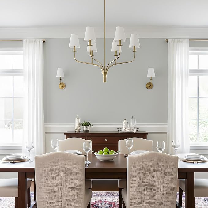 30" Modern Gold Chandelier for Dining Room, 6-Light Brushed Brass Pendant Light Fixture with White Fabric Shade,Mid Century Ceiling Lighting for Living Room Bedroom Kitchen Island, E12