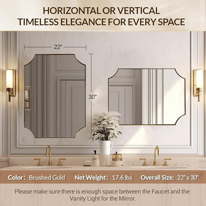 Brushed Brass Bathroom Mirror, 22x30 Inch Notched Corner Scalloped Rectangle Gold Bathroom Wall Mirror, in Anti-Rust Stainless Steel Metal Frame Hang Vertical/Horizontal for Home Decor