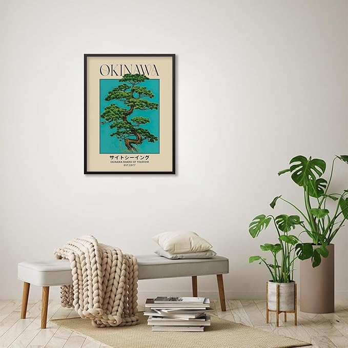 Black Framed Canvas Wall Art Posters Japanese Okinawa Prints Retro Japanese Bonsai Tree Picture Modern Ukiyo-e Decor for Home Bedroom Decorations Artwork 24x32in