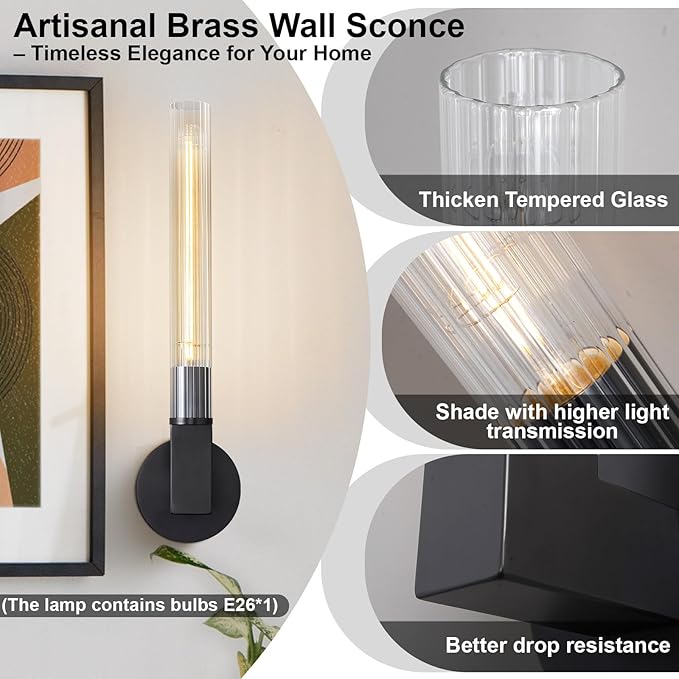 Black Wall Sconces Set of 2, Modern Bathroom Vanity Lights with Glass Shades - Industrial Vintage Wall Lamps for Mirror, Bedroom, Living Room, Hallway
